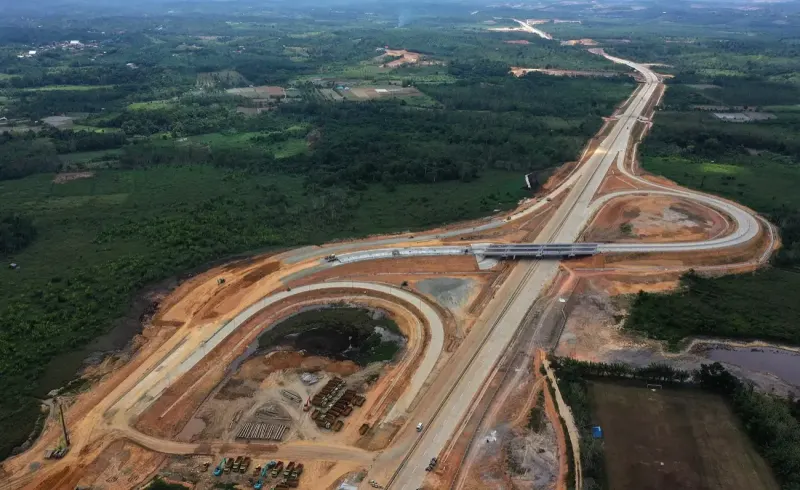 Aerial view of new slip roads and earthworks at a motorway junction